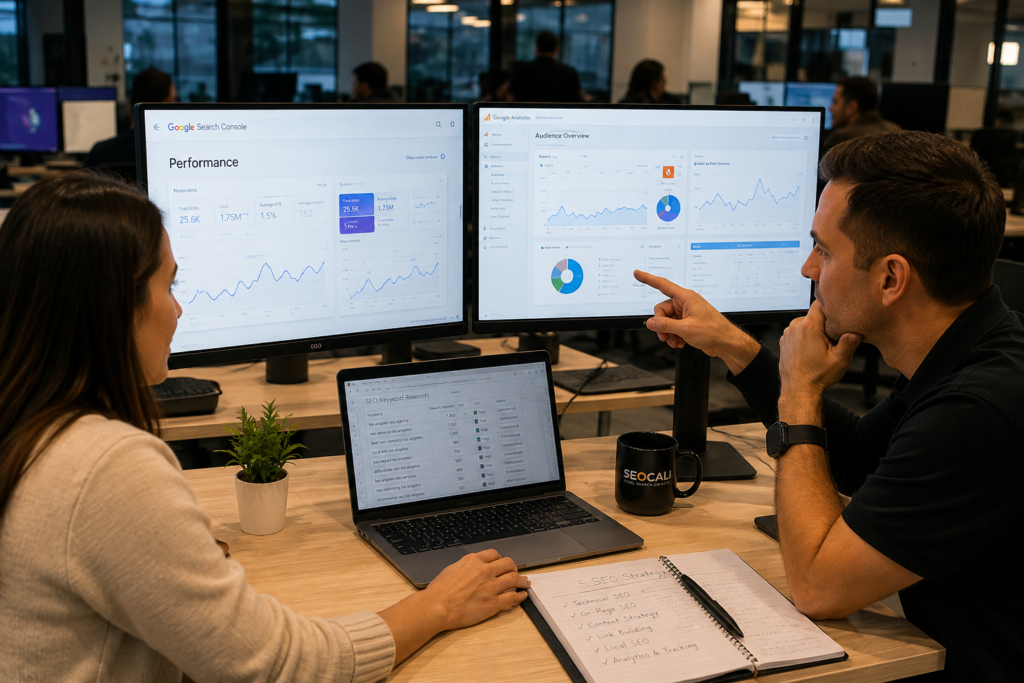 Real SEO team working with Search Console & GA dashboards