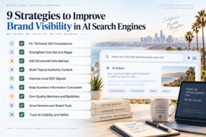 How to Improve Brand Visibility in AI Search Engines: 9 Strategies That Work 1 Checklist graphic of nine strategies to improve brand visibility in AI search engines