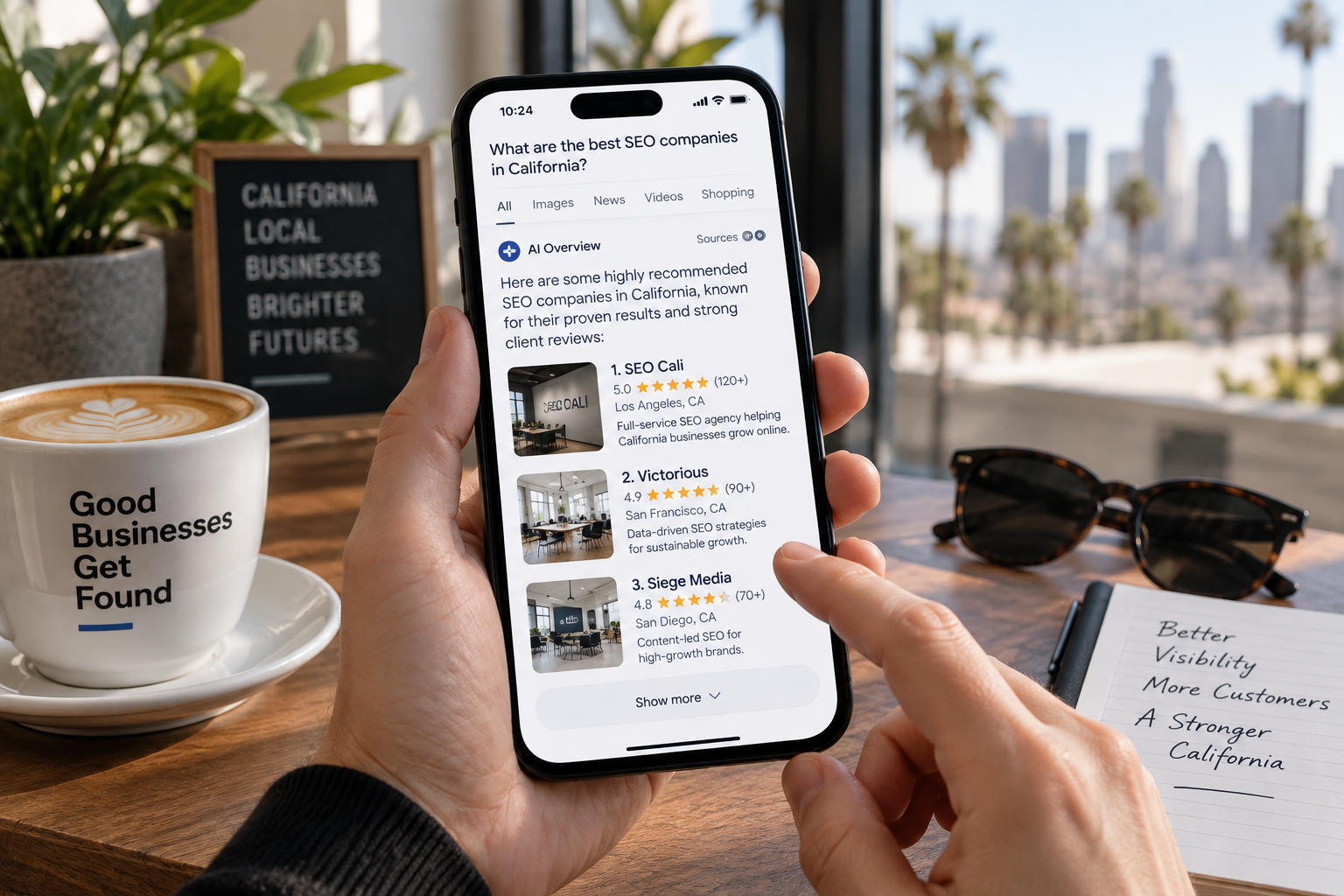 Smartphone showing an AI search answer that recommends three local California businesses