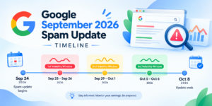 Timeline infographic showing the Google September 2026 spam update from September 24 to October 8, highlighting three reported search ranking volatility windows in late September and early October.