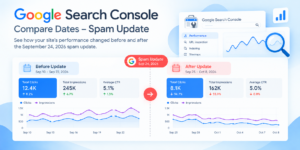 Search Console performance report comparing clicks before and after the September 24 2026 spam update]